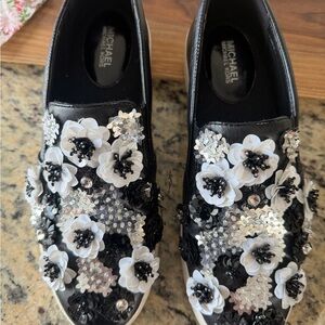 Michael Kors Black Leather Floral Sequin Slip-On Sneakers